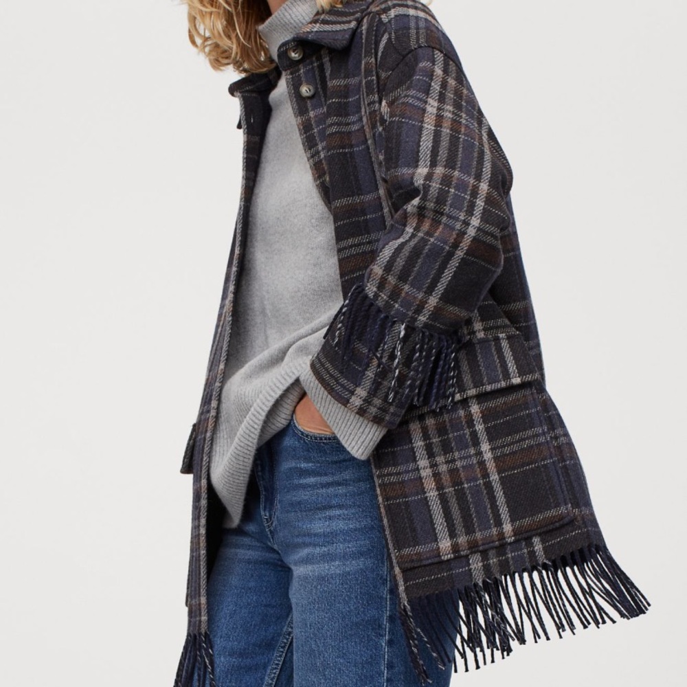 H&M Fringed Shirt Jacket - Black/blue plaid XL/XXL